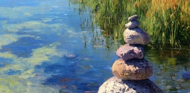 a painting of a stack of rocks in the water