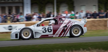 A side motion view of an RS200 driving down the hill at the Goodwood Festival of Speed 2015