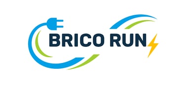 Brico Run electrical logo featuring a blue power plug, yellow lightning bolt, and green swoosh.
