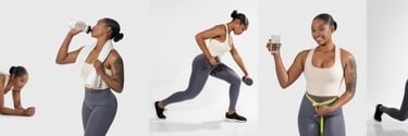 A collage of a woman in fitness apparel performing lunges, leg lifts, and drinking water for a healthy lifestyle.