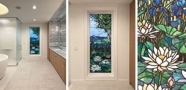 Luxury bathroom renovation with custom stained glass window — interior design detail by Erica Fossati Design Boston