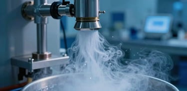 Close-up photography of liquid nitrogen vapor in a high-tech storage facility for biological samples. The lighting is clinical and sharp, using deep blue and medium blue colors to convey a sense of modern North American / International medical science.