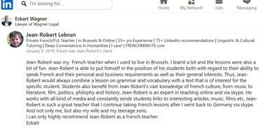 E. Wagner's testimonial on LinkedIn | J.-R. Lebrun, French teacher | Brussels, av. Couronne, bus 95