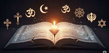 An open book rests on a dark surface with a single lit candle in its center. The pages glow with a d