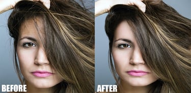 a woman with long hair and a pink lipstick