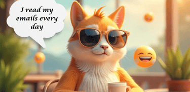 A cat sitting with sunglasses coffee, dialogue box with text - I read my email every day
