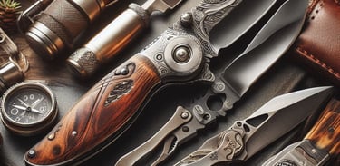 a bunch of pocket knives on a table with ornate designs