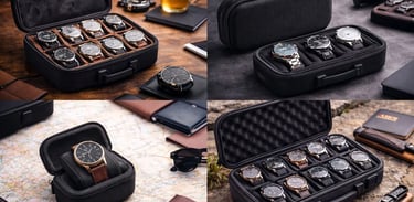 Portable black travel watch case organizer for multiple wristwatches with secure padded slots.