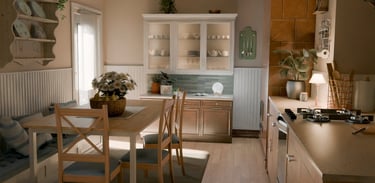 Rustic cottage kitchen featuring a wooden dining table, white hutch, and farmhouse decor with natural lighting.