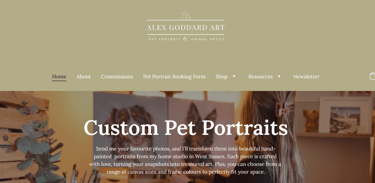 A screen shot showing Alex Goddard Art's website homepage and navigation.