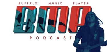 a man playing guitar in front of a logo for buffalo music player