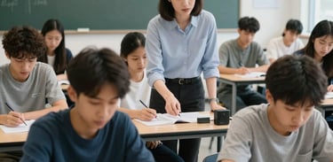 Photography of a modern classroom setting in North America, where an adult educator is guiding young adults through a technical vocational course. The atmosphere is professional and focused.