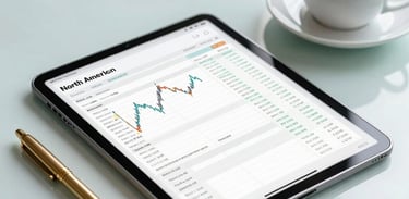 A clean, bright North American workspace with a tablet displaying a financial spreadsheet, next to a gold pen and a cup of coffee on a pale blue desk.