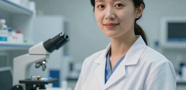 A portrait of a healthcare worker in a modern, well-equipped laboratory setting, professional lighting, conveying medical expertise and hope, international context.