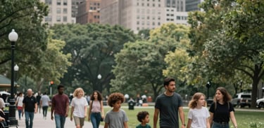 A clean, welcoming North American / US urban park where families are walking, representing community well-being and social stability.