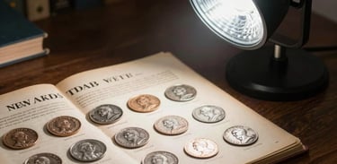 A desk with a professional LED lamp illuminating a vintage American coin catalog, highlighting a sense of research and market expertise.