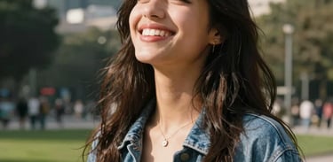 Vibrant photography of a Chilean young woman smiling happily while enjoying the sun in a city park in Santiago, radiating energy, happiness, and mental clarity.