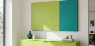 Clean, bright, minimalist photography of a modern, stylish Chilean home interior with plenty of natural daylight, featuring decorative details in vibrant apple green and teal.