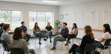 A wide shot of a modern training seminar for small business owners in a Canadian community center. The space is bright and accessible, reflecting a commitment to inclusive education.