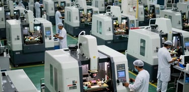 A wide-angle interior shot of a high-tech manufacturing floor in Pakistan showing rows of modern CNC machines and professional workers in white scrubs, clean and organized atmosphere.
