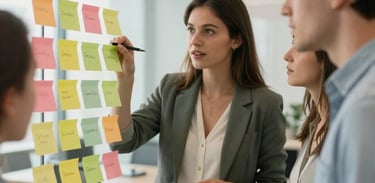 A team brainstorming session with post-it notes on a glass wall, modern office setting, bright and optimistic.