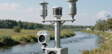 An outdoor shot of an environmental monitoring station near a clean waterway. Sensors are mounted on a professional steel structure. Daylight is bright and natural. North American landscape.