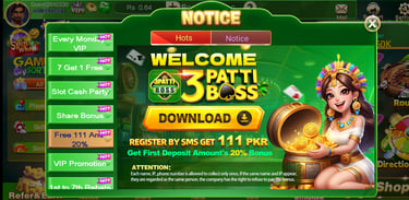 3 Patti Boss card game in Pakistan with 111 bonus and 20 percent cashback