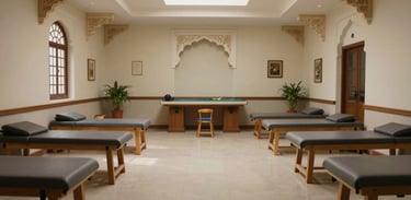 A wide shot of a peaceful, organized therapy room with sensory equipment and soft light, South Asian architectural details,Hyderabad center.