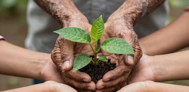 A close-up shot of hands of different generations—South Asian elder and youth—holding a green plant together, symbolizing the trust's environmental legacy.