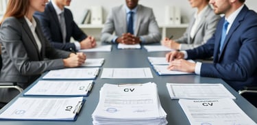 personas en un proceso de selección con sus hojas de vida