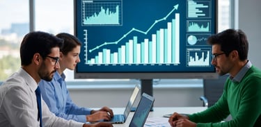 personas trabajando en sus computadores y revisando gráficos