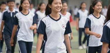 Southeast Asian students during a sports activity in the school yard, wearing athletic uniforms, smiling and active, bright daylight.