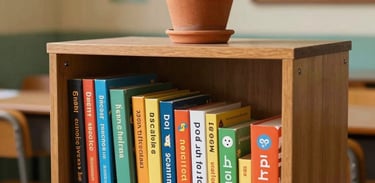 A small, tidy bookshelf in a warm Mumbai classroom filled with beautifully designed English phonics and storybooks, a terracotta potted plant resting on top, peaceful academic setting, photography.