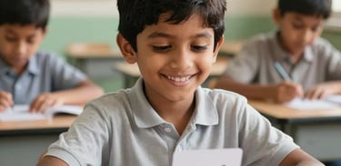 A smiling young South Asian / Indian child correctly matching word cards with picture cards in a bright Mumbai classroom, displaying a happy feeling of success, warm lighting, photography.