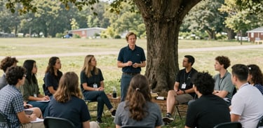 A photography shot of an outdoor mentorship workshop in a North American setting, with participants engaged in discussion under a large tree, using natural light and professional composition.