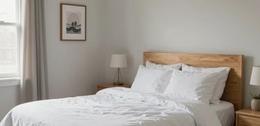 A peaceful, well-organized bedroom in a Detroit, Michigan recovery residence. The room is tidy and features soft white bedding and light wood furniture, reflecting a calm and supportive atmosphere.