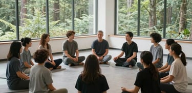 Photography of a group of people sitting in a circle on light grey mats in a bright, modern studio. Large windows show a North American forest. The atmosphere is quiet, authentic, and spiritual.