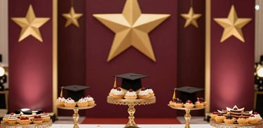 A grand graduation celebration setup, premium theme with golden stars and deep burgundy banners, elegant reception table with custom graduation pastries, upscale celebratory lighting, luxury Middle Eastern style.