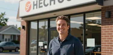 An entrepreneur smiling outside their new small business storefront in a thriving US suburban neighborhood.