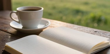 A close-up of a notebook and a cup of coffee on a porch overlooking a sunny green meadow at dawn, representing quiet reflection.