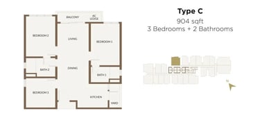 904 square feet 3 bedroom 2 bathroom family floor plan with 400m covered walkway to RTS Bukit Chagar