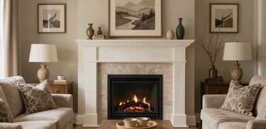 An interior shot of a warm, sophisticated living room in a modern North American senior home, featuring a fireplace, soft textiles, and calming colors.