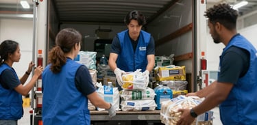 A scene of North American community volunteers in medium blue vests unloading food and water supplies from a truck in a well-lit warehouse. Compassionate and action-oriented atmosphere.