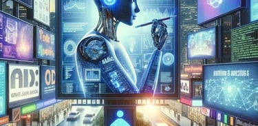 A futuristic city street featuring a giant digital billboard displaying a robotic AI cyborg with glowing neural networks.