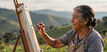 An elderly woman smiling while painting on a canvas outdoors, surrounded by the green landscapes of Huila, under soft afternoon light.