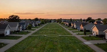 A wide-angle landscape shot of a North American suburban park at sunset, symbolizing a sustainable and peaceful world for future generations.