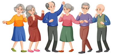 Six active senior citizens dancing and exercising together in a group on a white background.