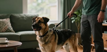 Action shot of a service dog alerting its handler in a North American living room, soft natural lighting through a window, deep forest green accents in the decor, warm and hopeful atmosphere.