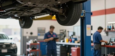 The clean, well-lit interior of a North American auto repair shop with a car on a hydraulic lift, professional mechanics working in the background, sharp focus on technical expertise.