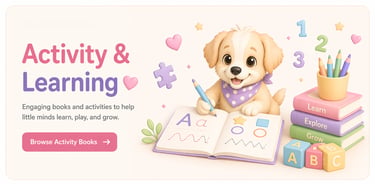 Cute puppy illustration promoting kids educational activity books with colorful pencils and learning tools.